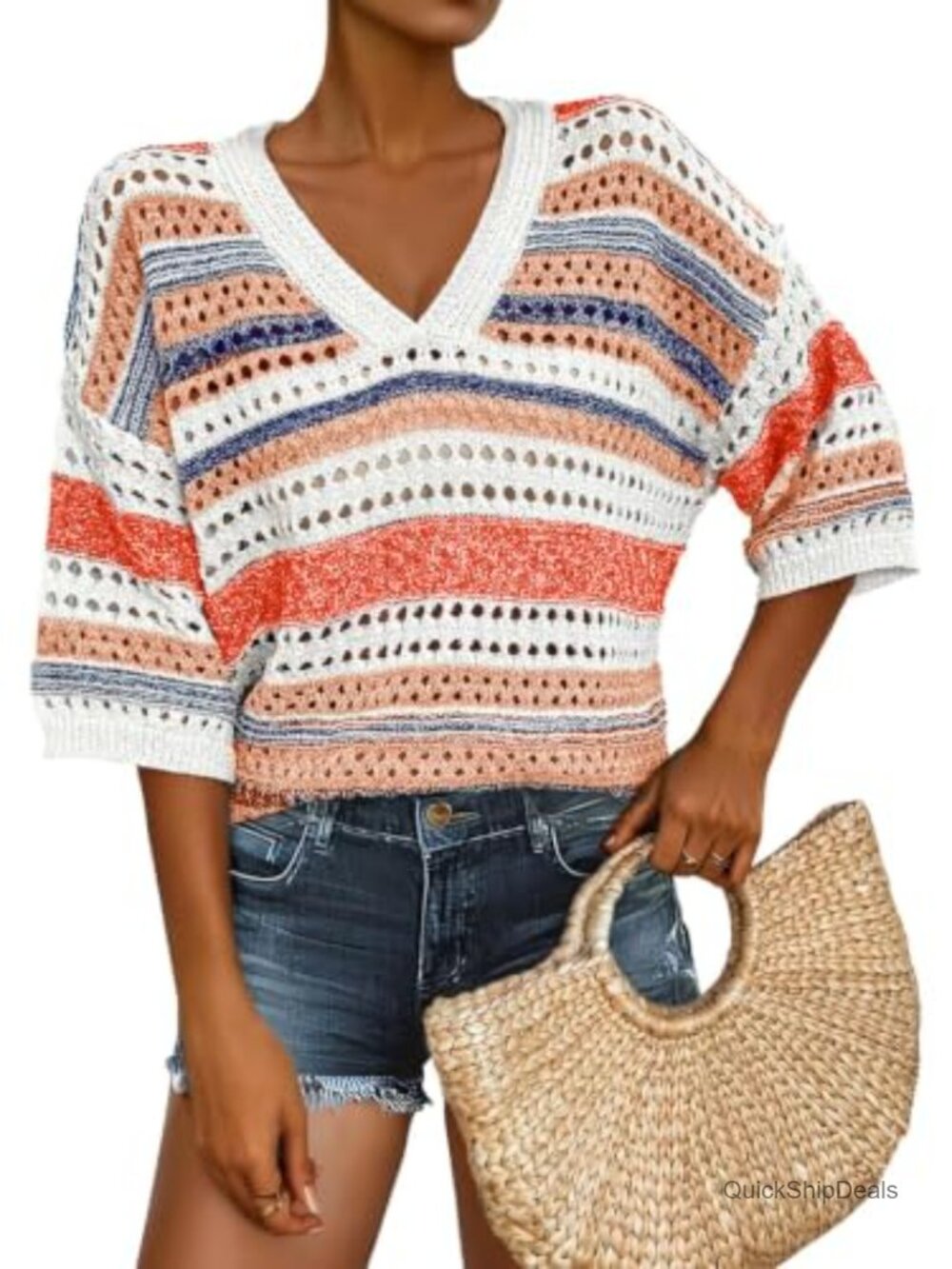 Womens Short Sleeve V Neck Crochet Knit Striped Hollow Out Sweater Top